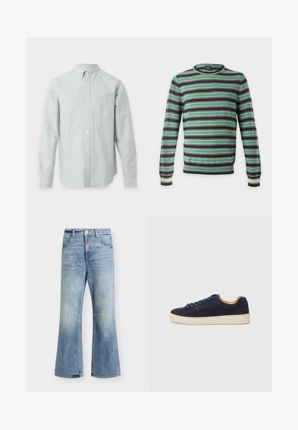 Pull à manches longues col rond avec des rayures horizontales en vert, noir, blanc et marron, présenté sur un fond uni.; Chemise à manches longues boutonnée avec fines rayures verticales grises et blanches et une seule poche poitrine sur fond uni.; Jean bleu clair taille haute jambe large, fermeture devant par bouton et zip, deux poches avant et délavage subtil sur les cuisses et les genoux.; Baskets basses en suede bleu marine avec bout arrondi, semelle en caoutchouc blanc cassé et lacets assortis ; dotées d'une doublure intérieure contrastante couleur tan.