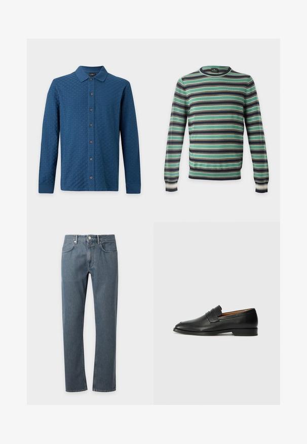 Pull à manches longues col rond avec des rayures horizontales en vert, noir, blanc et marron, présenté sur un fond uni.; Chemise bleue texturée à manches longues avec col et boutons marron sur un fond clair uni.; Jeans en denim bleu à coupe droite avec poches avant, passants pour ceinture et fermeture par bouton, présentés sur un fond clair uni.; Mocassin en cuir noir avec un bout arrondi, des coutures subtiles et un talon bas, présentant une texture lisse et un design minimaliste.