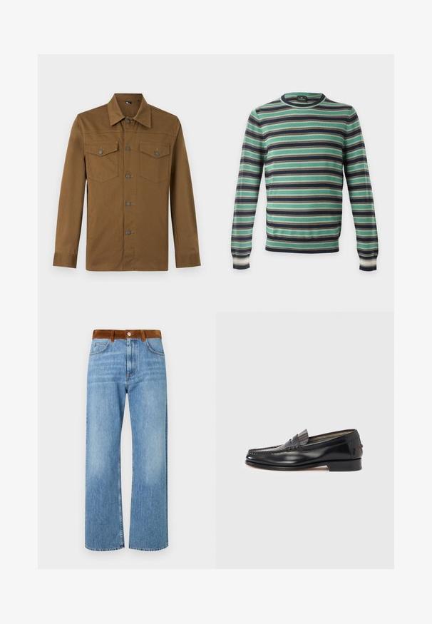 Pull à manches longues col rond avec des rayures horizontales en vert, noir, blanc et marron, présenté sur un fond uni.; Chemise marron à manches longues avec col pointu et deux poches poitrine boutonnées, présentée sur fond clair uni.; Jeans en denim bleu clair avec une coupe droite, dotés d'une taille en suède marron, de poches avant et d'une fermeture éclair.; Mocassins en cuir noir avec un design de style mocassin, présentant une bande décorative et un détail de couture sur le dessus. Talon bloc bas.