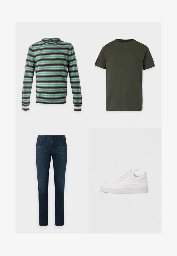 Jersey de manga larga con cuello redondo y rayas horizontales en verde, negro, blanco y marrón, mostrado sobre un fondo liso.; Camiseta de manga corta de cuello redondo en verde oscuro con un sutil logo negro de Armani Exchange en el frente.; Jeans oscuros de corte slim con cinco bolsillos, cierre frontal de botón y cremallera, exhibidos sobre un fondo blanco.; Zapatilla blanca de cuero con punta redondeada, suela plana y cierre de cordones. Presenta detalles de costuras y un cuello acolchado para mayor comodidad.