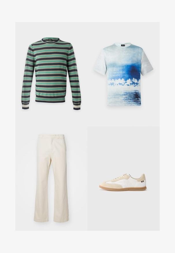 Langærmet rundhalset sweater med horisontale striber i grønt, sort, hvidt og brunt, vist på en ensfarvet baggrund.; Kortærmet T-shirt med en blå og hvid gradient, der viser en strandscene med palmer og vandreflektioner.; Beige bomuldsbukser med lige pasform, der har en lynlås og knaplukning foran, glat tekstur og minimalistisk stil.; Hvid sneaker med lysebeige ruskindsdetaljer, perforeret detaljering, flade snørebånd og sål i gummigummi. Indeholder stribet branding på hælen.