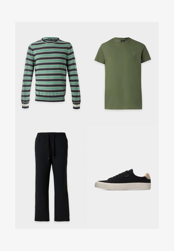 Pull à manches longues col rond avec des rayures horizontales en vert, noir, blanc et marron, présenté sur un fond uni.; T-shirt en coton uni vert olive à manches courtes avec un petit logo zèbre multicolore brodé sur la poitrine gauche.; Pantalon de jogging noir à coupe droite avec taille élastique et cordons noirs, présenté sur un fond gris clair uni.; Baskets basses noires avec languette beige au talon, semelle en caoutchouc blanche épaisse, lacets noirs et petite étiquette "PS Paul Smith" sur le côté.