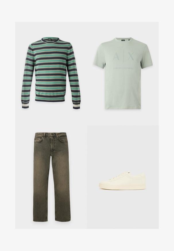 Genser med rund hals og lange ermer med horisontale striper i grønt, svart, hvitt og brunt, vist på ensfarget bakgrunn.; Lysegrønn Armani Exchange T-skjorte med korte ermer, A|X-logo og Armani Exchange-tekst i matchende diskret trykk foran.; Grønn-brune avslappede jeans med rett ben, som har fem lommer, knapper og glidelås lukking, og falmede tekstur.; Sneaker i kremfarge med glatt skinnoverdel, rund tå, snøring foran og en strukturert gummisåle. Minimalistisk design, uten logoer.