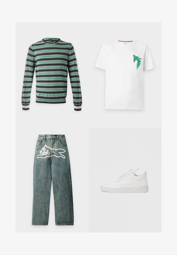 Jersey de manga larga con cuello redondo y rayas horizontales en verde, negro, blanco y marrón, mostrado sobre un fondo liso.; Camiseta blanca de manga corta con un pequeño gráfico abstracto de un pájaro verde y azul en el pecho izquierdo.; Jeans de mezclilla de color azul claro con un ajuste holgado, que presentan un gran gráfico de un gato blanco en la pierna izquierda y un diseño tradicional de cinco bolsillos.; Zapatilla blanca de cuero con punta redondeada, suela plana y cierre de cordones. Presenta detalles de costuras y un cuello acolchado para mayor comodidad.