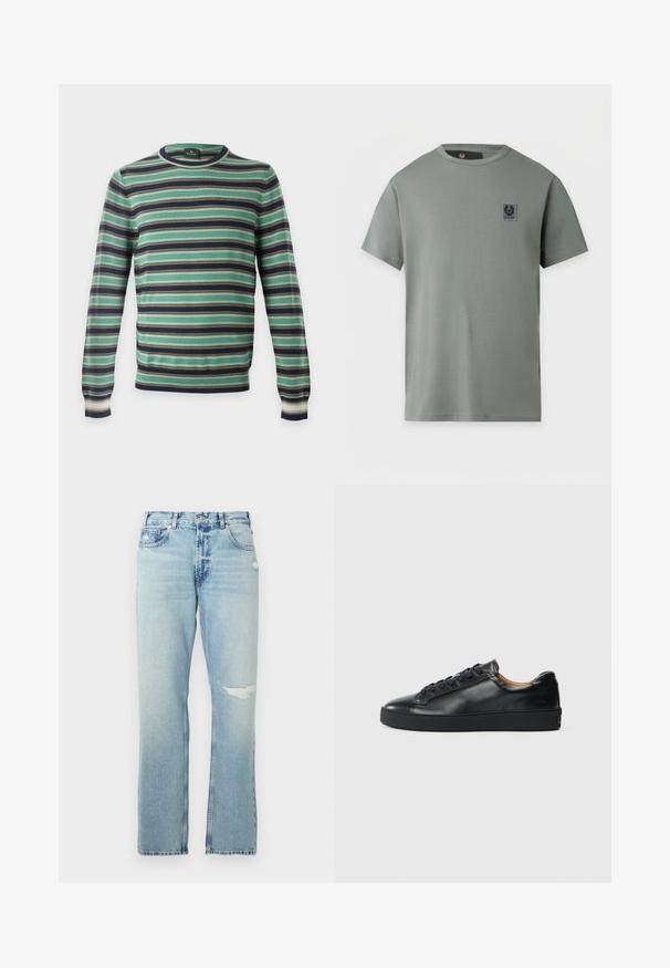 Langärmliger Pullover mit Rundhalsausschnitt und horizontalen Streifen in Grün, Schwarz, Weiß und Braun, auf einem einfarbigen Hintergrund dargestellt.; Hellgraues T-Shirt mit kurzen Ärmeln und Rundhalsausschnitt mit einem kleinen schwarz-grauen rechteckigen Logo-Patch auf der linken Brust.; Hellblaue Jeans im Straight-Leg-Design mit leichten Used-Effekten und hohem Bund. Mit fünf Taschen und Metalldetails.; Schwarze Leder-Sneaker mit glatter Textur, runder Zehenpartie und Schnürverschluss. Verfügt über eine dicke Gummisohle und minimalistische Marken-Details.