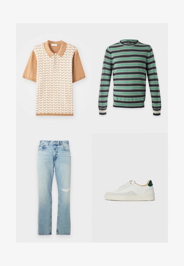 Langærmet rundhalset sweater med horisontale striber i grønt, sort, hvidt og brunt, vist på en ensfarvet baggrund.; Kortærmet polo shirt med et beige teksturmønster, lys brown krave og manchetter, med tre knapper og geometriske designs.; Lys blå denim jeans med lige ben design, prydet med let slid og høj talje. Inkluderer fem lommer og metalhardware.; Hvide sneakers med ruskindsdetaljer, rund tå, flade snørebånd og en cremet gummisål. Har grøn branding på hælen.