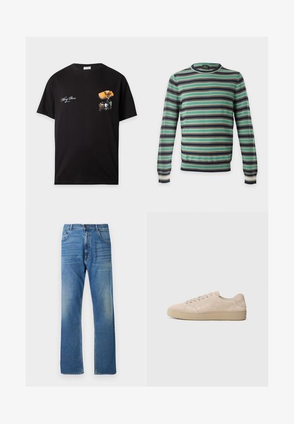 Long-sleeve crew neck sweater with horizontal stripes in green, black, white, and brown, displayed on a plain background.; Black T-shirt with white "Filling Pieces" text on left chest and a small graphic of people filming a yellow car on the right chest.; Blue denim jeans, straight leg design, light fading, standard five-pocket style, with metal button and zipper fly. No visible patterns or accents.; Beige suede sneaker with a rounded toe, flat laces, and a textured rubber sole. Minimalist design with smooth edges and subtle stitching.