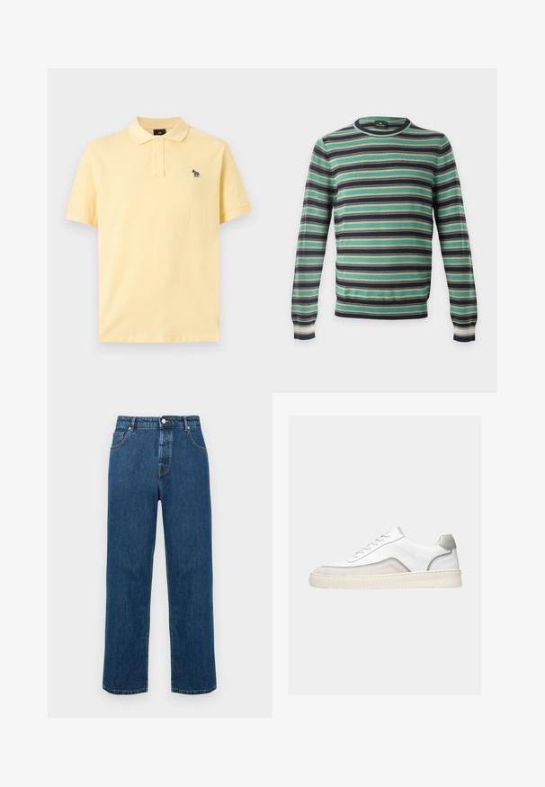 Pull à manches longues col rond avec des rayures horizontales en vert, noir, blanc et marron, présenté sur un fond uni.; Polo à manches courtes jaune clair avec deux boutons et un petit logo zèbre multicolore brodé sur la poitrine gauche.; Jean en denim bleu foncé avec une coupe droite, cinq poches et un bouton en métal à la taille. Texture lisse avec un minimum de décoloration.; Baskets basses blanches avec des touches de daim beige, des finitions grises, des lacets blancs et une semelle épaisse en caoutchouc blanc cassé, vues de côté sur un fond clair.