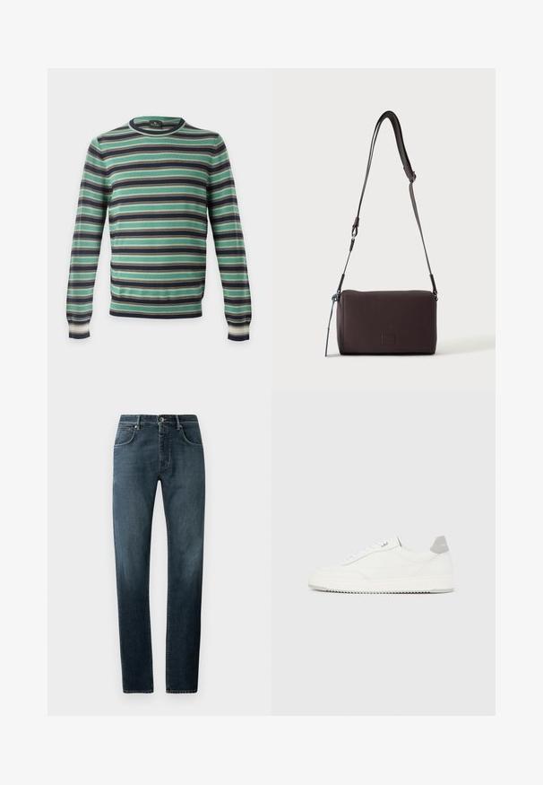 Jersey de manga larga con cuello redondo y rayas horizontales en verde, negro, blanco y marrón, mostrado sobre un fondo liso.; Vaqueros de mezclilla oscura con un corte recto, diseño clásico de cinco bolsillos, costuras en contraste y un sutil efecto desgastado en los muslos.; Zapatilla blanca de corte bajo con pestaña en el talón gris, cordones blancos y suela texturizada, presentada sobre un fondo claro y liso.; Bolso bandolera de cuero marrón oscuro con textura, correa ajustable y pequeño adorno decorativo azul en el lateral.