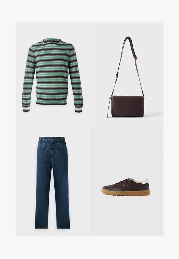 Pull à manches longues col rond avec des rayures horizontales en vert, noir, blanc et marron, présenté sur un fond uni.; Jean droit en denim bleu foncé avec taille haute, comprenant des poches avant et une fermeture à bouton. Tissu texturé avec un léger dégradé.; Baskets en daim brun foncé avec semelle gomme, languette blanche au talon, fermeture à lacets et petit détail multicolore sur le côté de la semelle.; Sac bandoulière en cuir marron foncé texturé avec une sangle réglable et un petit accent décoratif bleu sur le côté.