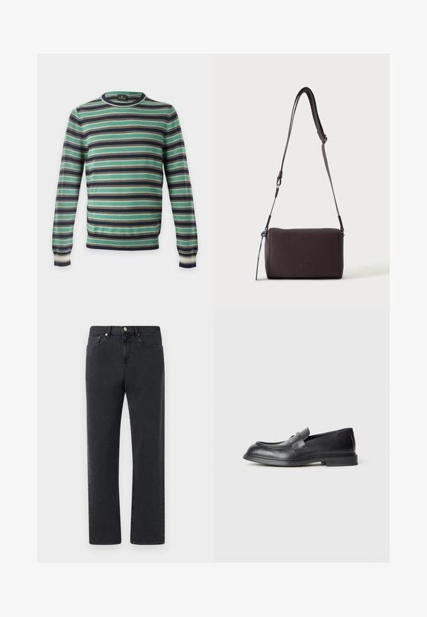 Pull à manches longues col rond avec des rayures horizontales en vert, noir, blanc et marron, présenté sur un fond uni.; Jeans en denim noir avec une coupe droite, cinq poches et des accents en métal. Le tissu présente une finition lisse et légèrement texturée.; Mocassins en cuir noir avec une finition texturée, dotés d'une bride décorative à l'avant et d'un bout arrondi. Semelle en caoutchouc pour plus de durabilité.; Sac bandoulière en cuir marron foncé texturé avec une sangle réglable et un petit accent décoratif bleu sur le côté.