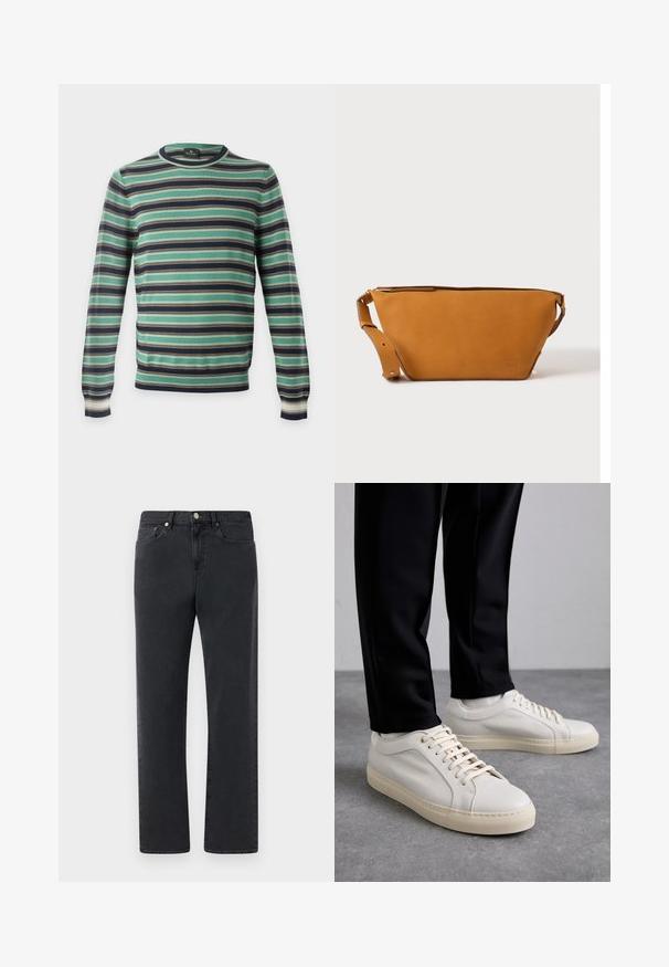 Langärmliger Pullover mit Rundhalsausschnitt und horizontalen Streifen in Grün, Schwarz, Weiß und Braun, auf einem einfarbigen Hintergrund dargestellt.; Schwarze Jeans aus Denim mit geradem Bein, fünf Taschen und Metallelementen. Der Stoff hat eine glatte, leicht strukturierte Oberfläche.; Helle beigefarbene Leder-Sneaker mit flachen Schnürsenkeln, einer strukturierten Oberfläche und einer kontrastierenden, cremefarbenen Gummisohle, kombiniert mit schwarzen eng geschnittenen Hosen.; Hellbraune Leder-Umhängetasche mit verstellbarem Schulterriemen und Reißverschluss, vor einem schlichten hellen Hintergrund gezeigt.