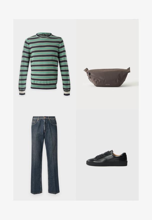 Langærmet rundhalset sweater med horisontale striber i grønt, sort, hvidt og brunt, vist på en ensfarvet baggrund.; Mørkeblå lige ben denim jeans med frontknap, lynlås, dobbelte forlommer og synlige lodrette folder ned langs benene.; Sorte lædersneakers med en glat overflade, rund tå og snørebåndslukning. Har en tyk gummisål og minimal branddetalje.; Mørkebrun stof talje taske med diagonalt lynlåslomme og lille hvidt logo på fronten, sat mod en ensfarvet lys baggrund.