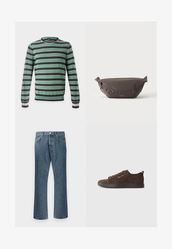 Langärmliger Pullover mit Rundhalsausschnitt und horizontalen Streifen in Grün, Schwarz, Weiß und Braun, auf einem einfarbigen Hintergrund dargestellt.; Blaue Denim-Jeans mit geradem Bein, ausgestattet mit einem klassischen Knopf- und Reißverschluss, fünf Taschen und dezenten Ausbleichungen.; Braune Wildledersneaker mit dunklen Gummisohlen, runder Zehenpartie, Schnürung an der Vorderseite und dezentem Branding an der Seite. Minimalistisches Design.; Dunkelbraune Stoff-Gürteltasche mit diagonalem Reißverschlussfach und kleinem weißen Logo vorne, vor einem einfarbigen hellen Hintergrund.
