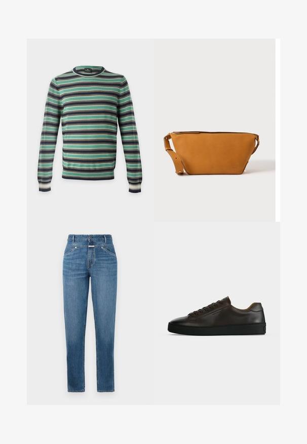 Trui met lange mouwen en ronde hals met horizontale strepen in groen, zwart, wit en bruin, afgebeeld op een effen achtergrond.; Blauwe high-waisted rechtlopende jeans met voorkruiszakken, riemlussen, knoopsluiting en subtiele vervagingsdetails.; Low-profile donkerbruine leren sneaker met zwarte rubberen zool, veters aan de voorkant en een strak minimalistisch design op een lichte achtergrond.; Lichtbruine leren crossbodytas met verstelbare band en ritssluiting, getoond tegen een effen lichte achtergrond.
