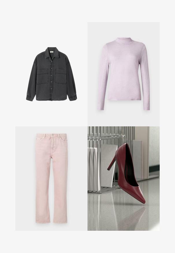 Licht lavendelkleurig langemouw turtleneckshirt gemaakt van zachte, gestructureerde stof; aansluitend ontwerp met een hoge, strakke kraag.; Donkergrijze denim blouse met knopen, twee grote voorzakken en een klassieke kraag, plat gelegd op een witte achtergrond.; Lichtroze denim jeans met een recht model, vijf zakken en een ritsopening. Bevat stiksel details en accenten in zilverkleurig metaal.; Enkel rood leren hooghakige schoen balancerend op de hiel op een reflecterende vloer nabij een metalen ordnerrek met witte mappen.