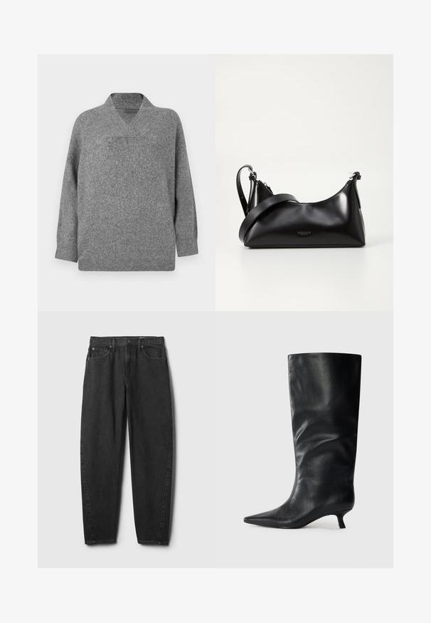 Pull en laine gris avec un col en V, des épaules tombantes et des manches longues. Texture douce avec une coupe légèrement oversize et une construction sans coutures.; Jean en denim noir à coupe droite, avec cinq poches, une fermeture à bouton et un détail de couture minimal. Design et texture classiques.; Bottes en cuir noires jusqu'aux genoux avec un bout pointu et un petit talon, présentées sur un fond clair.; Sac à main en cuir noir avec une texture lisse. Dispose d'une bandoulière adjustable et d'un design élégant et minimaliste avec une fermeture éclair.