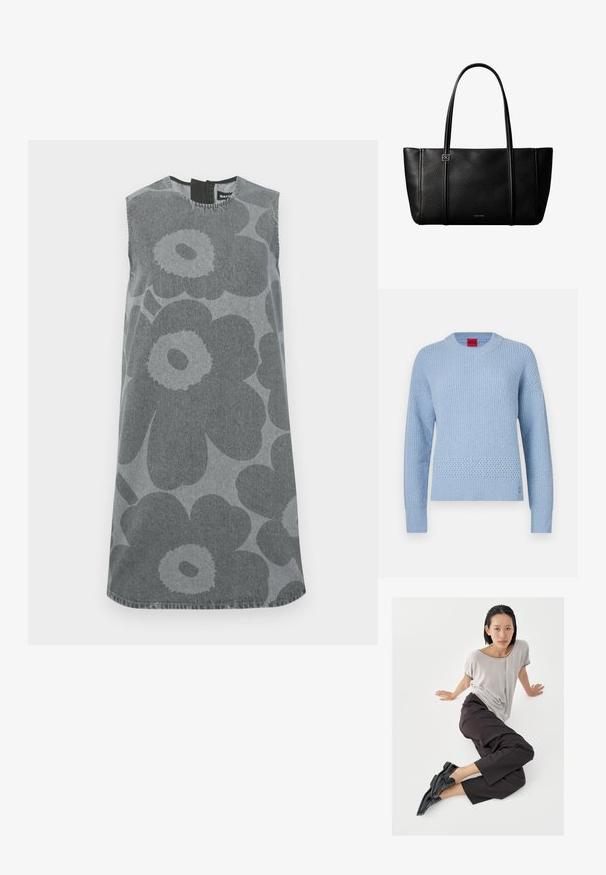 Hellblauer Strickpullover mit geripptem Muster, rundem Ausschnitt und gewebtem Akzent an der Taille. Lange Ärmel mit eng anliegenden Bündchen.; Ärmelloses Kleid aus grauem Denim mit großen dunkelgrauen Blumenmustern. Rundhalsausschnitt mit einer Schlüsselöffnung im Rücken und gerader Silhouette.; Hellgraues Kurzarmshirt, dunkle weite Hosen und schwarze Loafers. Glatter Stoff, entspannte Passform und kontrastierende Einfassung am Hemd.; Schwarze Calvin Klein Leder-Shopper-Tasche mit zwei langen Griffen und einem metallischen Markenlogo in der Mitte vorne.