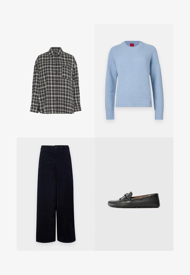 Pull tricoté bleu clair avec une texture côtelée, un col rond et un détail tissé à la taille. Manches longues avec poignets ajustés.; Chemise à manches longues à carreaux noir et blanc, avec col et poche poitrine, présentée sur un fond blanc.; Pantalons larges bleu marine en tissu texturé. Présentent une fermeture à bouton à l'avant, des passants de ceinture et des poches de chaque côté.; Bateau en cuir noir avec un bout arrondi, des détails de couture, un petit accent en nœud et une semelle en caoutchouc. Texture lisse et design épuré.