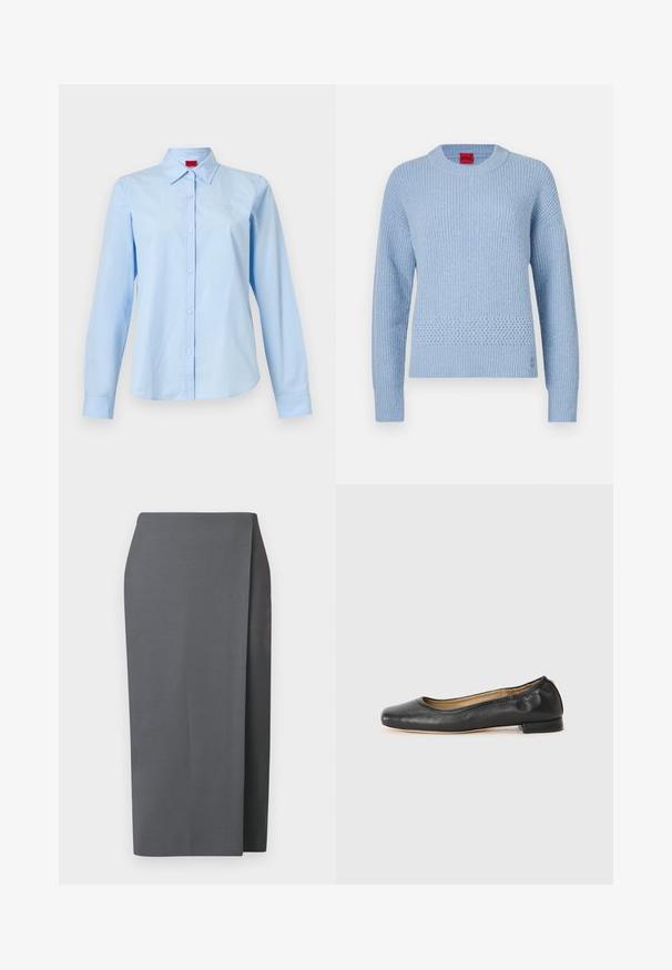 Pull tricoté bleu clair avec une texture côtelée, un col rond et un détail tissé à la taille. Manches longues avec poignets ajustés.; Chemise bleu clair à manches longues avec col pointu et petit logo sur la poitrine gauche, présentée sur un fond blanc uni.; Jupe grise arrivant aux genoux avec un design épuré. Confectionnée dans un tissu lisse, elle comporte une fente latérale et des lignes nettes pour une apparence minimaliste.; Ballerines en cuir noir avec un bout arrondi et des coutures minimales. Talon bas et rectangulaire avec une texture lisse. Détails subtils de doublure intérieure.