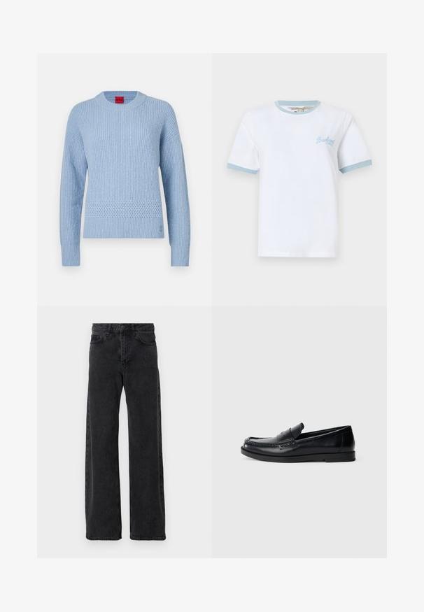 Hellblauer Strickpullover mit geripptem Muster, rundem Ausschnitt und gewebtem Akzent an der Taille. Lange Ärmel mit eng anliegenden Bündchen.; Weißes T-Shirt mit kurzen Ärmeln und hellblauem Besatz an Ärmeln und Kragen, mit kleinem hellblauem "Barbour"-Logo auf der linken Brustseite.; Schwarze Denim-Jeans mit weitem Bein, klassischen fünf Taschenstil, Knopfverschluss und subtiler Waschung.; Schwarze Lederloafers mit einem gestickten Akzentdesign, runder Zehenform, flacher Gummisohle und einer glatten Oberfläche. Klassische, vielseitige Silhouette.