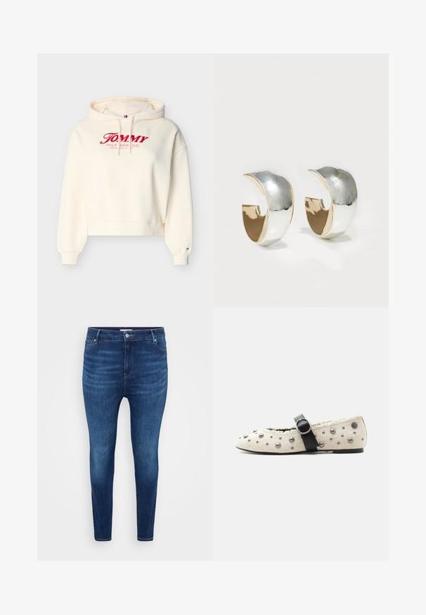 Crèmekleurige hoodie met rood "Tommy Hilfiger Co." logo aan de voorkant, capuchon met trekkoord, geribbelde manchetten en een klein vlaglogo op de linker mouwmanchet.; Donkerblauwe skinny jeans met voorzakken, riemlussen en een knoopsluiting op een lichte effen achtergrond.; Beige platte schoen met een zwarte gespband, zilveren studs en een getextureerde rand langs de opening.; Uncommon Matters SCULPTED CREOLE - Oorbellen - silver-coloured/gold-coloured