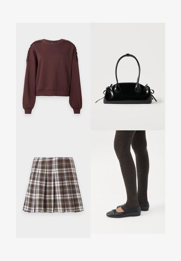 Brun sweatshirt med lange ærmer, rund halsudskæring og tekstureret dekoration på skuldrene. Ribbet manchetter og kant. Blødt stof.; Brun og hvid ternet plisseret nederdel med en struktureret design og sprød tekstur, der har høj talje og flere lodrette folder.; Ben iført mørke ribbede leggings kombineret med sorte balletsko med små sløjfedetaljer på hvid baggrund.; Lille sort blank håndtaske med to lange håndtag og snøre-detaljer i siden på en ensfarvet lys baggrund.