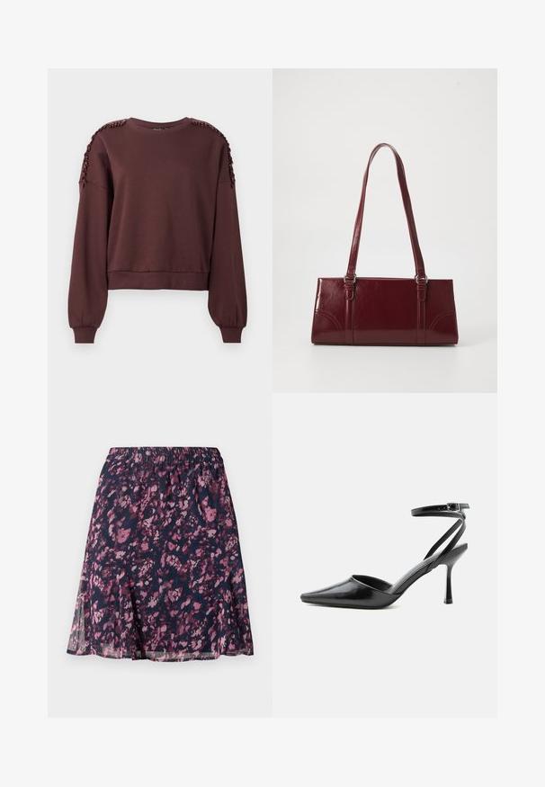Bruine sweatshirt met lange mouwen, ronde hals en tekstuurdecoratie op de schouders. Ribgebreide manchetten en zoom. Zacht materiaal.; Marine rok met elastische tailleband, voorzien van een abstract bloemenpatroon in roze en paars en een licht uitlopende zoom.; Zwarte pumps met puntige neus, dunne enkelbandjes en een zilveren gesp op een effen lichte achtergrond.; Bourgondische handtas van glanzend materiaal, rechthoekige vorm, met twee schouderbanden en subtiele gebogen accenten aan de voorkant.