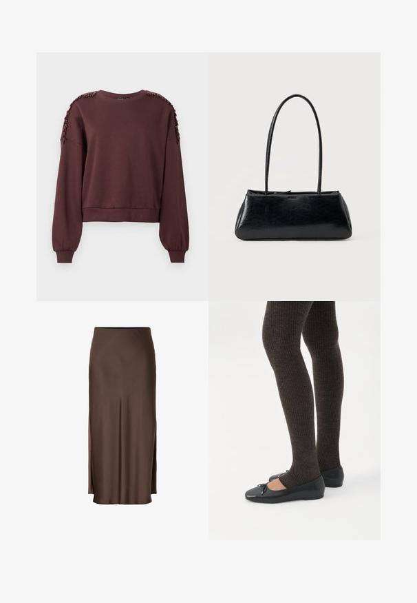 Brun sweatshirt med lange ærmer, rund halsudskæring og tekstureret dekoration på skuldrene. Ribbet manchetter og kant. Blødt stof.; Brun satin nederdel med et lige design, der har sideslids for let bevægelse og en glat tekstur gennem stoffet.; Ben iført mørke ribbede leggings kombineret med sorte balletsko med små sløjfedetaljer på hvid baggrund.; Sort rektangulær skuldertaske med lange tynde stropper og en glat, blank tekstur på en ensfarvet baggrund.