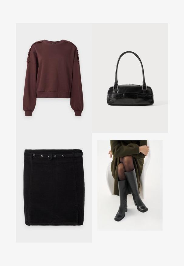 Brun sweatshirt med lange ærmer, rund halsudskæring og tekstureret dekoration på skuldrene. Ribbet manchetter og kant. Blødt stof.; Sort fløjlsskjørt med en tætsiddende pasform, der har et bælte, sølvhardware og en diskret vertikal ribbeting. ; Knæhøje sorte læder støvler med firkantet tå og blokhæl, vist med en model siddende i en olivengrøn frakke. Glat tekstur, minimal detaljer.; Sort læderhåndtaske med rektangulær form, der har et enkelt struktureret håndtag, sølvhardware og lynlås-lukning. Glat tekstur.