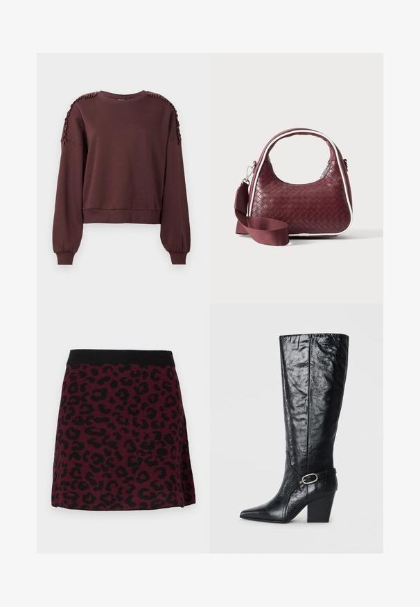 Sweatshirt marron à manches longues, col rond et décoration texturée aux épaules. Poignets et ourlet côtelés. Tissu doux.; Mini-jupe bordeaux avec motif léopard noir et ceinture élastique noire unie sur fond neutre.; Bottes noires montantes en cuir brillant, avec un bout pointu, une forme structurée, et une sangle décorative avec une boucle en argent.; Sac à main en cuir tressé marron foncé avec poignée courbée, garniture blanche, fermeture éclair argentée et bandoulière large en tissu amovible sur fond uni.