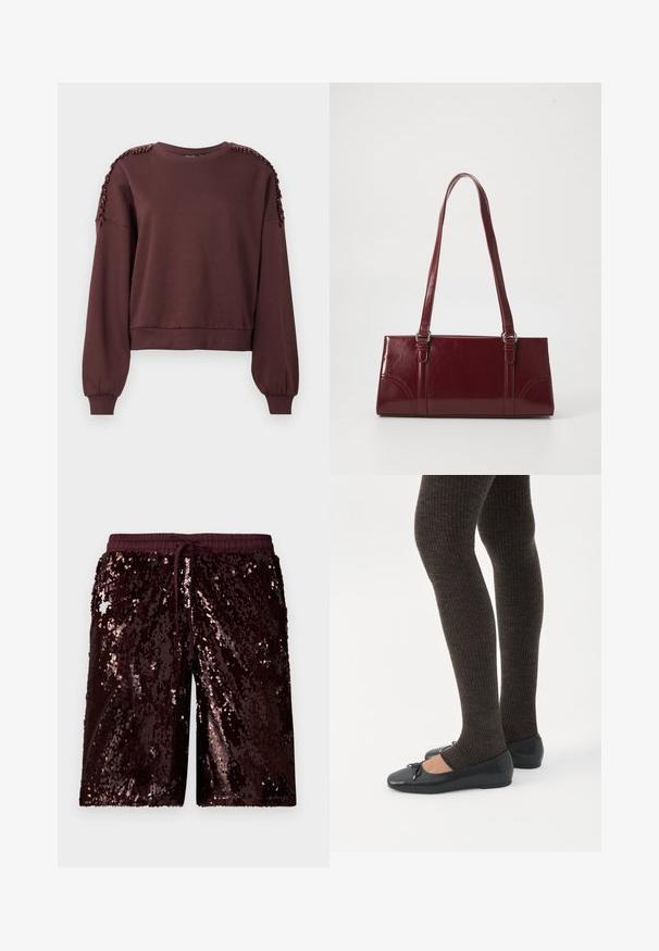 Sweatshirt marron à manches longues, col rond et décoration texturée aux épaules. Poignets et ourlet côtelés. Tissu doux.; Shorts en sequins bordeaux avec une taille élastique et un cordon de serrage ajustable. Présentent une surface brillante et texturée avec des sequins réfléchissants.; Jambes portant des leggings côtelés foncés associés à des ballerines noires avec de petits détails en nœud sur fond blanc.; Sac à main bordeaux en matériau brillant, de forme rectangulaire, avec deux anses et des accents légèrement courbés à l'avant.