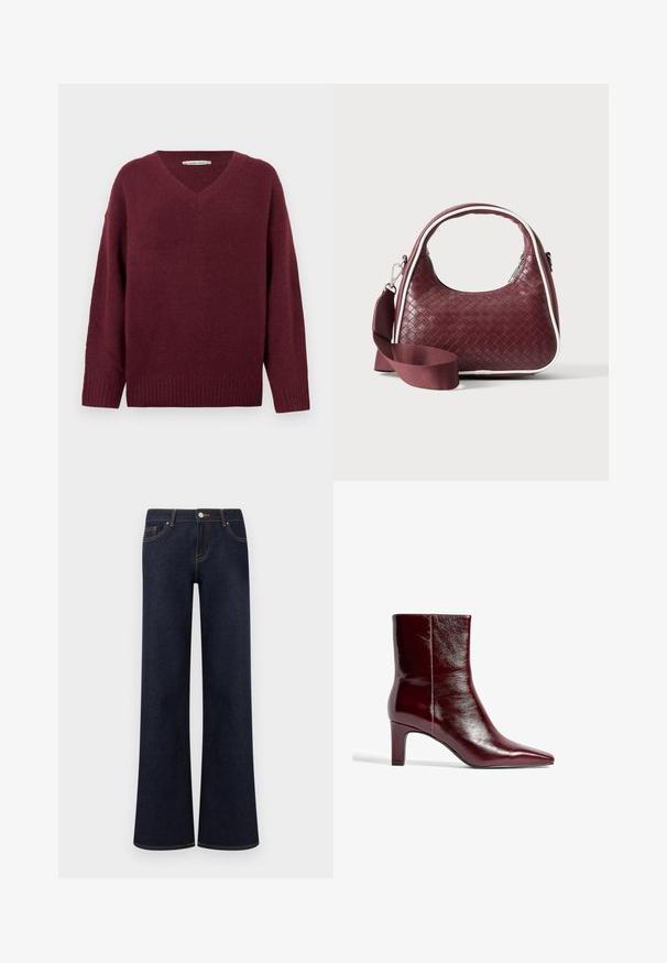 Weinroter V-Ausschnitt-Pullover aus weichem, strukturiertem Material mit weiten Ärmeln und geripptem Saum. Einfaches, klassisches Design ohne Verzierungen.; Dunkelblaue Denim-Jeans mit weiter Beinform, vorne Taschen, Knopf- und Reißverschluss sowie sichtbaren Kontrastnähten.; Burgunderfarbene Leder-Ankle-Boots mit spitzem Zeh, schlankem Design und mittelhohem Blockabsatz. Glatte Oberfläche und minimale Nahtdetails.; Dunkelrote gewebte Ledertasche mit gebogenem Griff, weißem Besatz, silbernem Reißverschluss und abnehmbarem breitem Stoff-Schulterriemen vor einfarbigem Hintergrund.