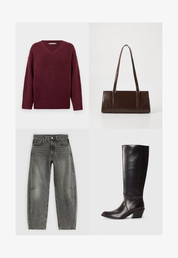 Weinroter V-Ausschnitt-Pullover aus weichem, strukturiertem Material mit weiten Ärmeln und geripptem Saum. Einfaches, klassisches Design ohne Verzierungen.; Hochtaillierte, grau gewaschene Jeans aus Denim mit fünf Taschen, Knopfverschluss und einer lässigen, geraden Passform.; Knöchelhigh, dunkelbraune Lederstiefel mit spitzem Zeh, eckigem Blockabsatz und glatter, glänzender Textur. Verfügt über ein klares Design und Steppnähte.; Braune Lackleder-Handtasche in rechteckiger Form, mit zwei langen Griffen und subtilen, geschwungenen Akzenten auf der Vorderseite.