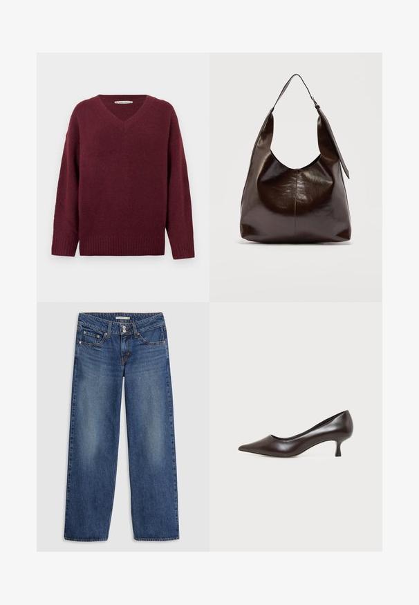 Pull col en V bordeaux en matière douce et texturée, avec manches larges et ourlet côtelé. Design simple et classique sans ornements.; Jeans en denim bleu à jambes larges avec une fermeture à bouton, design à cinq poches, légère décoloration sur les cuisses et accents de couture sur les coutures.; Escarpin en cuir marron foncé à bout pointu avec petit talon incurvé sur fond blanc.; Sac à bandoulière en cuir marron foncé brillant avec une seule large sangle et un détail de boucle sur un côté, posé sur un fond clair uni.