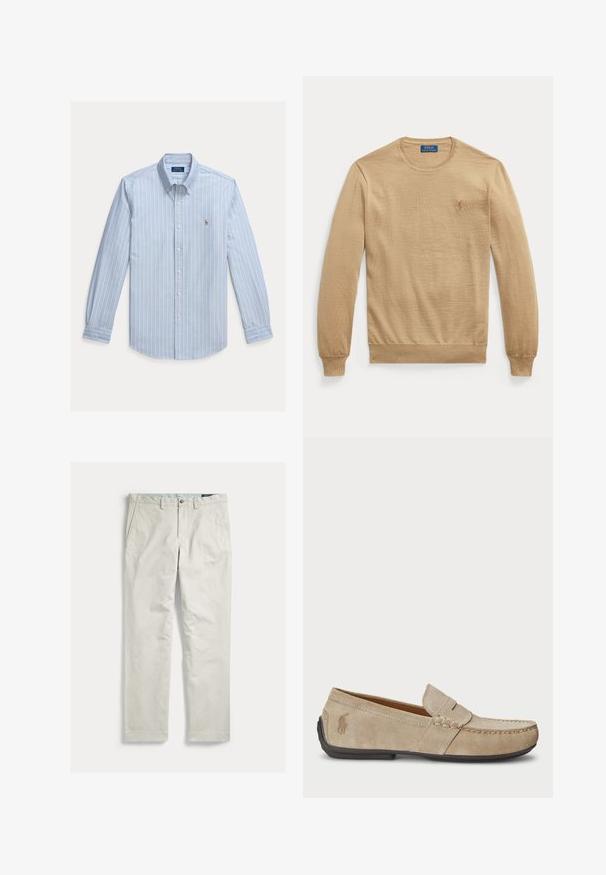 Polo Ralph Lauren WASHABLE WOOL CREWNECK SWEATER - Trui - jicama brown heather; Lichtblauw overhemd met lange mouwen, witte verticale strepen en een klein geborduurd Polo Ralph Lauren-logo op de borst.; Lichtbeige rechte broek met voorzakken, riemlussen en een knoopsluiting, plat neergelegd op een witte achtergrond.; Beige suède instappers met een gestikt detail, platte rubberen zool en een klein logo aan de zijkant. Klassiek instapontwerp, zachte textuur.