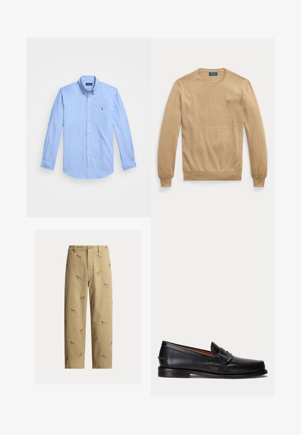 Beige trui met lange mouwen en ronde hals, met geribde manchetten en zoom, met een klein geborduurd logo op de linkerborst.; Blauwe en witte gestreepte lange mouwen overhemd met een puntige kraag en logo-embleem op de borst. Katoenen stof met een gladde textuur.; Beige ribfluwelen broek met geborduurde hondendesigns, rechte pijp, en vijfzakkenstijl met een knoopsluiting aan de voorkant.; Zwarte leren loafer met lage hak en penny-strap detail, van opzij getoond op een lichtgrijze achtergrond.