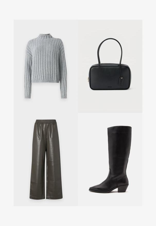 Pull en tricot épais gris clair avec un motif en côtes, col montant, manches longues et une coupe légèrement cropped.; Pantalons larges en simili cuir vert olive foncé avec une taille élastique et des détails de couture centrale, présentant une texture lisse et brillante.; Botte en cuir noire mi-mollet avec un bout pointu et un talon bas incliné sur un fond clair uni.; Sac à main rectangulaire noir avec doubles poignées arrondies, fermeture éclair dorée et logo "HUGO" embossé sur le devant avec une étiquette en cuir attachée.