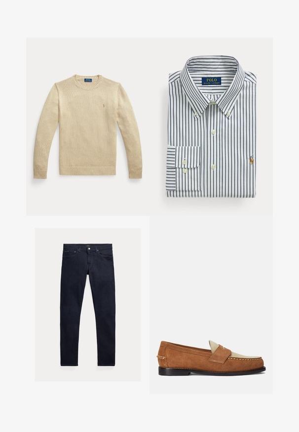 Beige pitkillä hihoilla varustettu neulepaita pyöreällä pääntiellä, resorireunuksilla ja hihansuilla, jossa on pieni kirjailtu Polo Ralph Laurenin logo rinnassa.; Taitettu valkoinen juhlapaita laivastonsinisin pystysuorin raidoin, nappikaulus ja Polo Ralph Laurenin logo brodeerattuna rinnassa.; Tummansinisiä denimpellavahousuja, jotka ovat kapeaa mallia. Niissä on viisi taskua, vetoketju ja metallinen nappikiinnitys. Sileä pinta, jossa minimaalista kulumista.; Polo Ralph Lauren ALSTON SUEDE PENNY LOAFER - Loaferit/pistokkaat - teak/bone