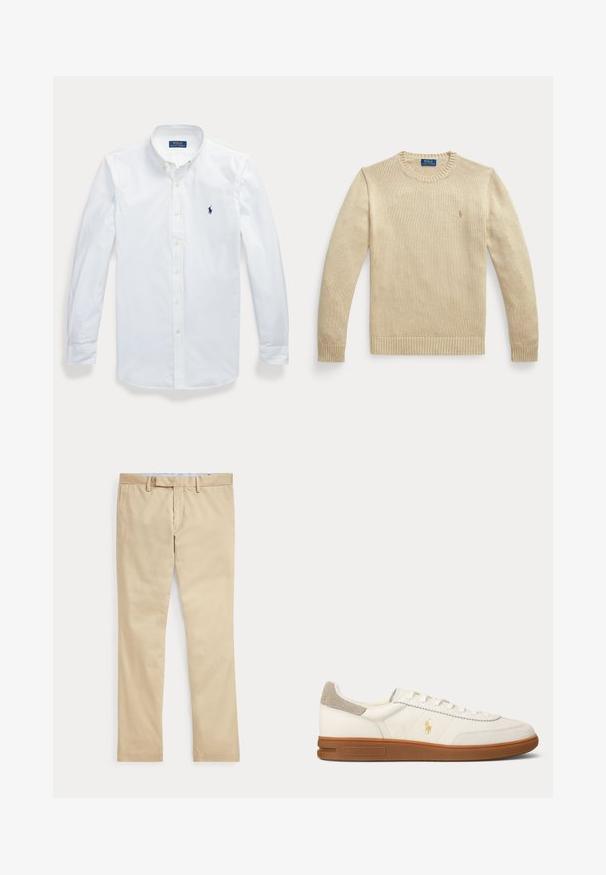 Beige langærmet striktrøje med rund hals, ribstrikkede manchetter og kant, med en lille broderet Polo Ralph Lauren-logo på brystet.; Hvid langærmet skjorte med knapper og krave, Polo Ralph Lauren-logo broderet på venstre bryst.; Beige bukser med lige ben, bæltestropper og frontlynlås, lagt fladt mod en hvid baggrund.; Hvid læder lav sko med brun gummi sål, beige ruskind hæl patch og lille gyldent Polo-logo på siden.
