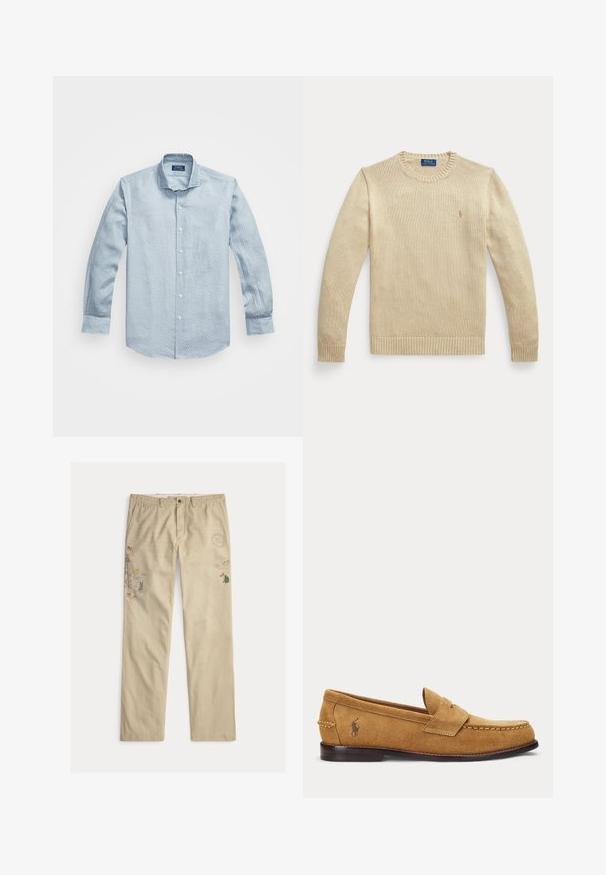 Beige pitkillä hihoilla varustettu neulepaita pyöreällä pääntiellä, resorireunuksilla ja hihansuilla, jossa on pieni kirjailtu Polo Ralph Laurenin logo rinnassa.; Vaaleansininen nappikauluspaita, jossa on teksturoitu kuosi, pitkät hihat ja klassinen kaulus. Valkoiset napit ja pyöristetty helma. Valmistettu puuvillasekoitteesta.; Beiget puuvillaiset housut, joissa kirjailtuja kuvioita, kuten puita ja vuoria, napillinen kiinnitys ja vyölenkit.; Vaaleanruskea mokkasiini, jossa on ommellut yksityiskohdat ja pieni kirjailtu hevosen logo sivulla, matalalla puukorolla ja liukukengän muotoilu.