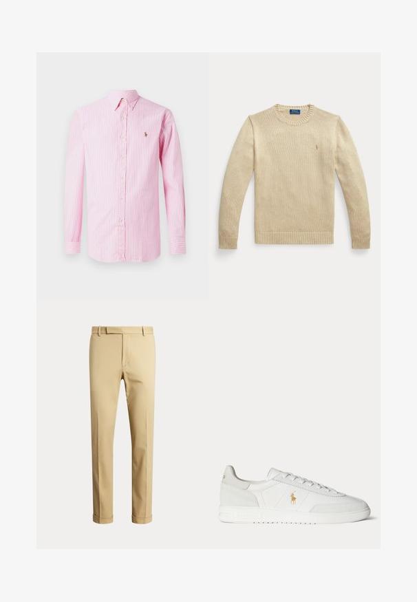 Béžový pletený sveter s dlhým rukávom, guľatým výstrihom, rebrovanými manžetami a lemom, s malým vyšívaným logom Polo Ralph Lauren na hrudi.; Ružová a biela prúžkovaná košeľa s dlhým rukávom a zapínaním na gombíky, s malým logom na ľavej hrudi. Vyrobená z ľahkého materiálu.; Béžové nohavice s rovnými nohavicami, pútkami na opasok, predným zipsom a ohrnutými lemami, zobrazené na jednofarebnom svetlom pozadí.; Biela nízka teniska so šnurovaním, zlaté logo Polo Ralph Lauren na boku a textúrovaná podrážka na jednofarebnom pozadí.