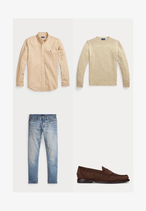 Beige lange mouwen gebreide trui met ronde hals, geribbelde boorden en zoom, met een klein geborduurd Polo Ralph Lauren-logo op de borst.; Lichtbeige overhemd met knopen van katoen, met een klassieke kraag, lange mouwen, witte knopen en een klein blauw logo op de borst.; Lichtblauwe denim jeans met een vervaagde afwerking, vijfzakkenontwerp en contrasterende stiksels. Heeft een ritssluiting en riemlussen. Rechte snit.; Bruine suède penny loafer met lage hak en zichtbare stiksels langs de neus, zijkant en achterkant, weergegeven op een effen lichte achtergrond.
