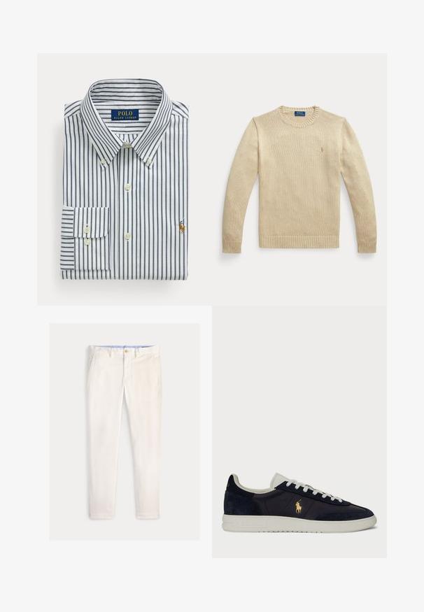 Béžový pletený sveter s dlhým rukávom, guľatým výstrihom, rebrovanými manžetami a lemom, s malým vyšívaným logom Polo Ralph Lauren na hrudi.; Zložená biela košeľa s námorníckymi zvislými pruhmi, golier s gombíkmi a vyšívané logo Polo Ralph Lauren na hrudi.; Pánske štíhle nohavice slonovinovej farby s prednými vreckami, pútkami na opasok a zapínaním na gombík na jednofarebnom pozadí.; Námornícky kožené a semišové tenisky s bielou gumovou podrážkou, s zlatým logom a bielymi šnúrkami a textúrovaným vzorom na vrchnej časti.