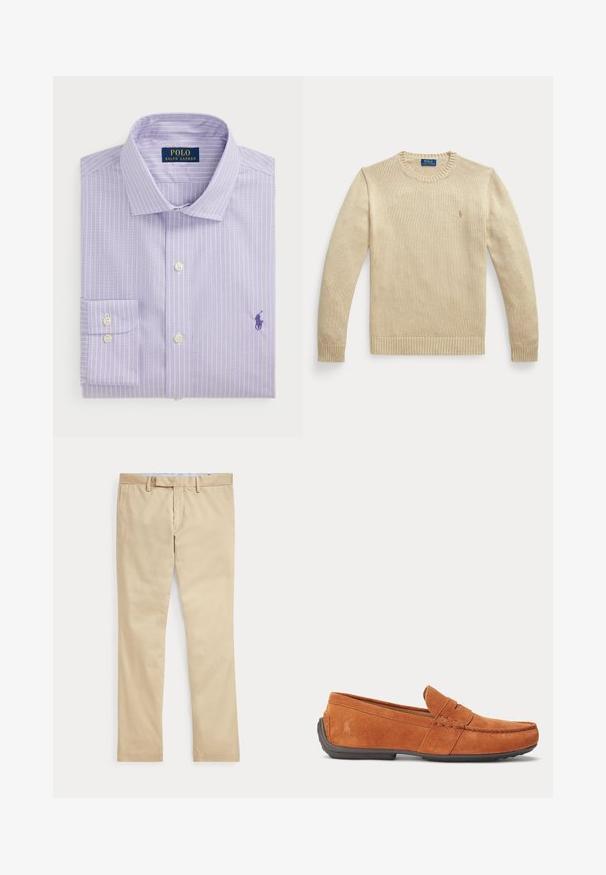 Béžový pletený sveter s dlhým rukávom, guľatým výstrihom, rebrovanými manžetami a lemom, s malým vyšívaným logom Polo Ralph Lauren na hrudi.; Svetlofialová košeľa s bielymi vertikálnymi pruhmi, s golierom na gombíky, jednou náprsní kapsou, s vyšitým logom vo tmavej fialovej farbe.; Béžové nohavice s rovnými nohavicami, s pútkami na opasok a predným zipsom, položené na bielom pozadí.; Hnedé pánske semišové mokasíny s detailmi prešívania, otvorom na mincu na vrchu a tmavou gumovou podrážkou.