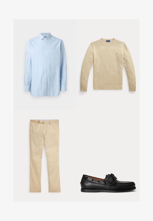 Beige langærmet striktrøje med rund hals, ribstrikkede manchetter og kant, med en lille broderet Polo Ralph Lauren-logo på brystet.; Lyseblå langærmet skjorte med hvide lodrette striber, knapkrave og knaplukninger foran. Tekstureret bomuldsstof.; Beige bukser med lige ben, bæltestropper og frontlynlås, lagt fladt mod en hvid baggrund.; Sort lædermoccasin med snøredetalje og lav gummisål, vist fra siden på ensartet lys baggrund.