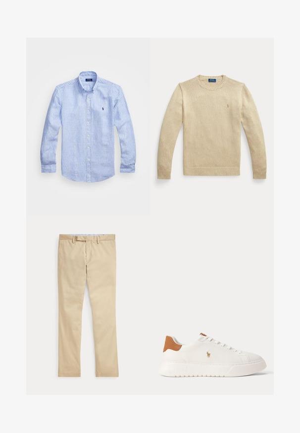 Béžový pletený sveter s dlhým rukávom, guľatým výstrihom, rebrovanými manžetami a lemom, s malým vyšívaným logom Polo Ralph Lauren na hrudi.; Modrá a biela prúžkovaná košeľa s dlhými rukávmi vyrobená z bavlny, vybavená golierom na gombíky, prednými gombíkmi a malým vyšitým logom na hrudi.; Béžové nohavice s rovnými nohavicami, s pútkami na opasok a predným zipsom, položené na bielom pozadí.; Biely nízky teniska s béžovou pätovou záložkou, bielymi šnúrkami a malým vyšívaným logom hráča póla na boku nad tlustou podrážkou.