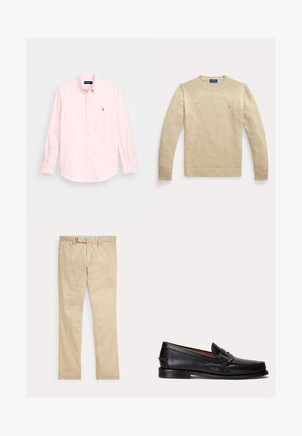 Beež pika varrukaga kootud kampsun ümara kaelusega, soonikkoes mansettide ja äärega, millel on rinnal väike tikitud Polo Ralph Laureni logo.; Heledroosa pikka varrukaga särk nööpidega kraega, millel on vasakul rinnal väike broderi logoga embleem, valmistatud siledast puuvillasegust.; Beeži sirgete säärega püksid vööaasade ja ees oleva tõmblukuga, laotatud tasaselt valgele taustale.; Mustast nahast loafer madala kontsa ja penny rihma detailiga, näidatud küljelt helehallil taustal.