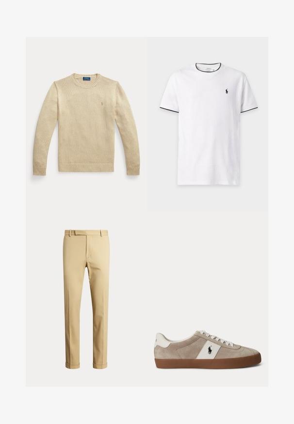 Beige lange mouwen gebreide trui met ronde hals, geribbelde boorden en zoom, met een klein geborduurd Polo Ralph Lauren-logo op de borst.; Witte T-shirt met korte mouwen en zwarte bies op de kraag en mouwen, met een klein zwart Polo Ralph Lauren-logo op de linkerborst.; Beige broek met rechte pijpen, riemlussen, een gulp aan de voorkant en omgeslagen zomen, afgebeeld tegen een effen lichte achtergrond.; Beige suède lage sneaker met witte veters, wit lederen accent met zwart paardenlogo en een bruine rubberen zool.