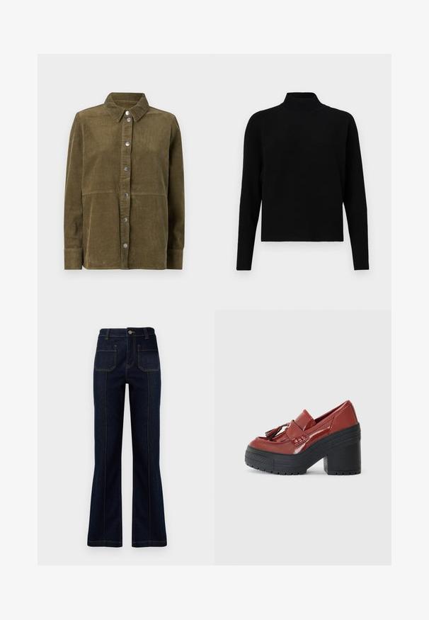 JDY Knitted JDYPRIME Knitted - Trui - black; Olijfgroene corduroy shirt jas met een kraag, lange mouwen, zilveren knopen en een verticale ribbelstructuur.; Donkerblauwe flared jeans van denim, met een hoge taille, twee achterzakken en zichtbare stiksels langs de naden.; Converse CHUCK 70 DE LUXE HEEL LOAFER PLATFORM PATENT LEATHER - Plateaupumps - rottin apple/rottin apple